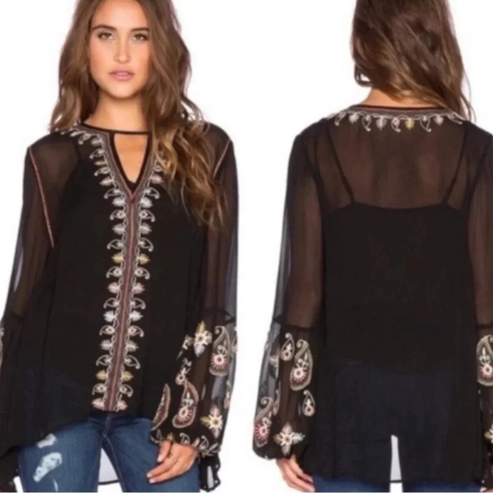 Love Sam Embroidered Peasant Top Black Sheer M boho feminine 70s Anthropology - Picture 2 of 12